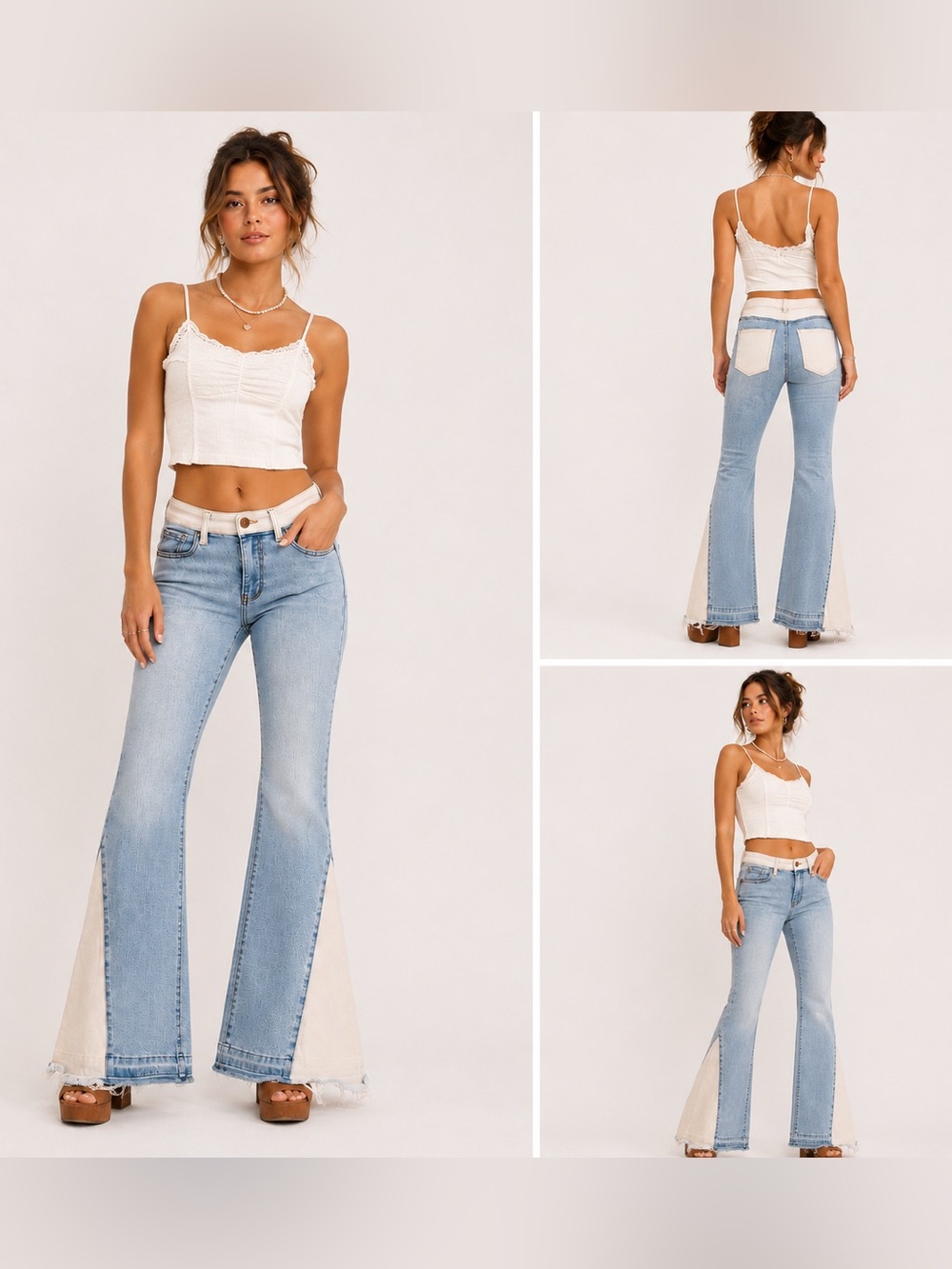 Altar’d State Patchwork Flare Jeans Two Tone Raw Hem Light Wash Denim Size 28